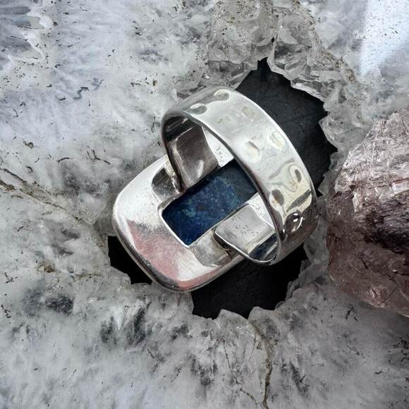 Sterling Southwestern Style Rectangle Neon Apatite Decorated Ring Sz 8 For Women - Picture 7 of 10